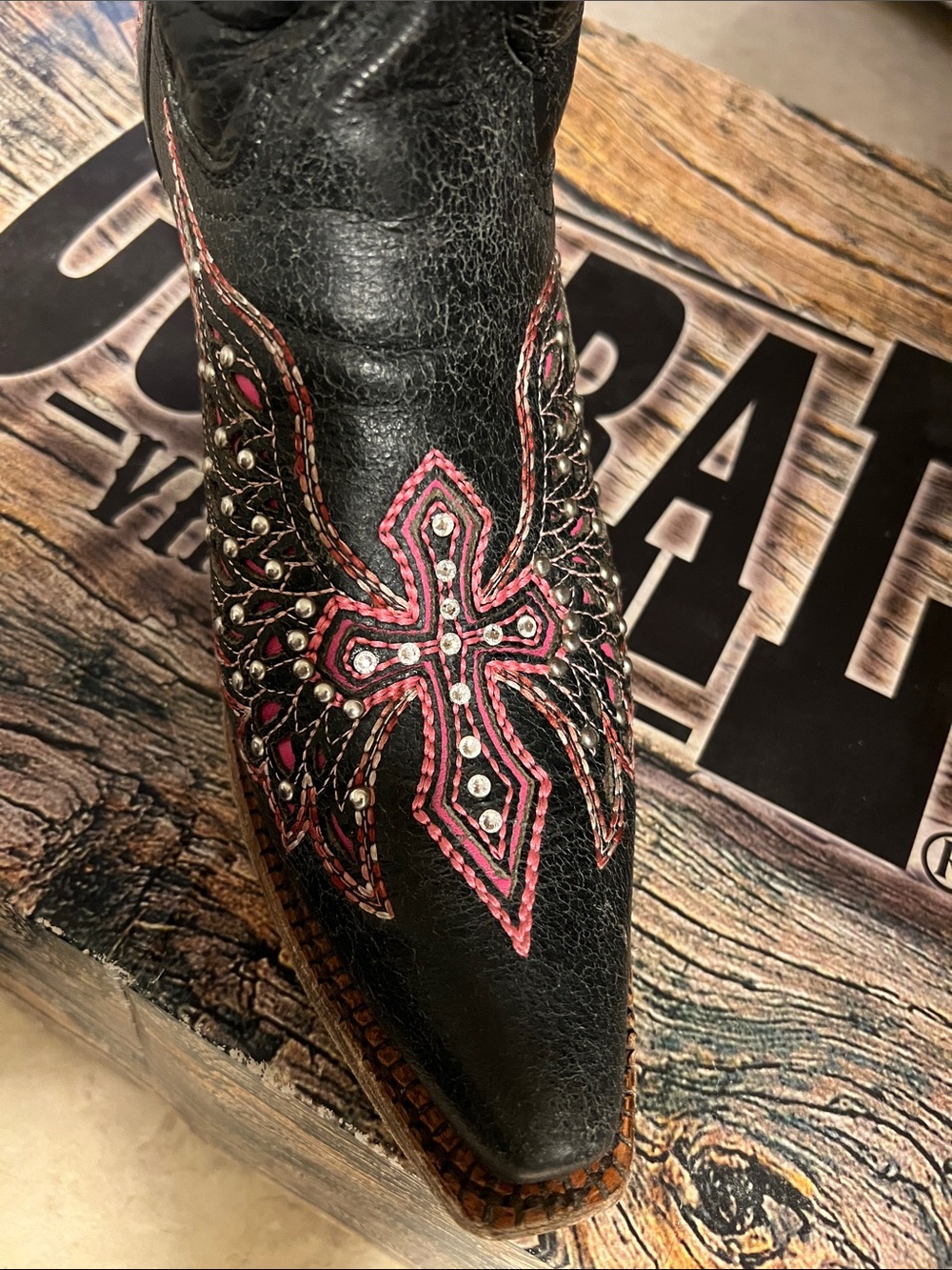 Corral Black Distressed Blingy Leather Cowboy Boots with Pink Embroidery - Picture 5 of 11